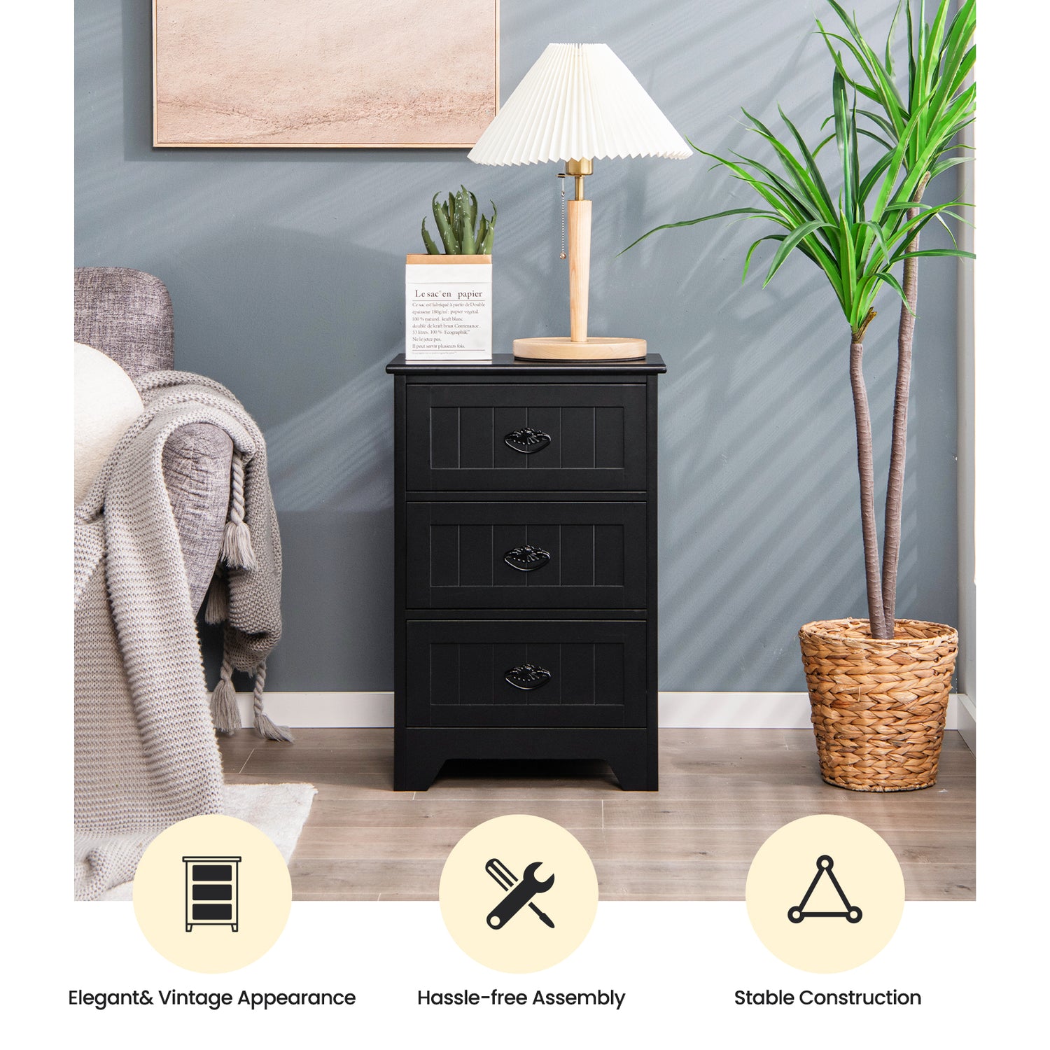 3 Drawers End Storage Wood Side Nightstand