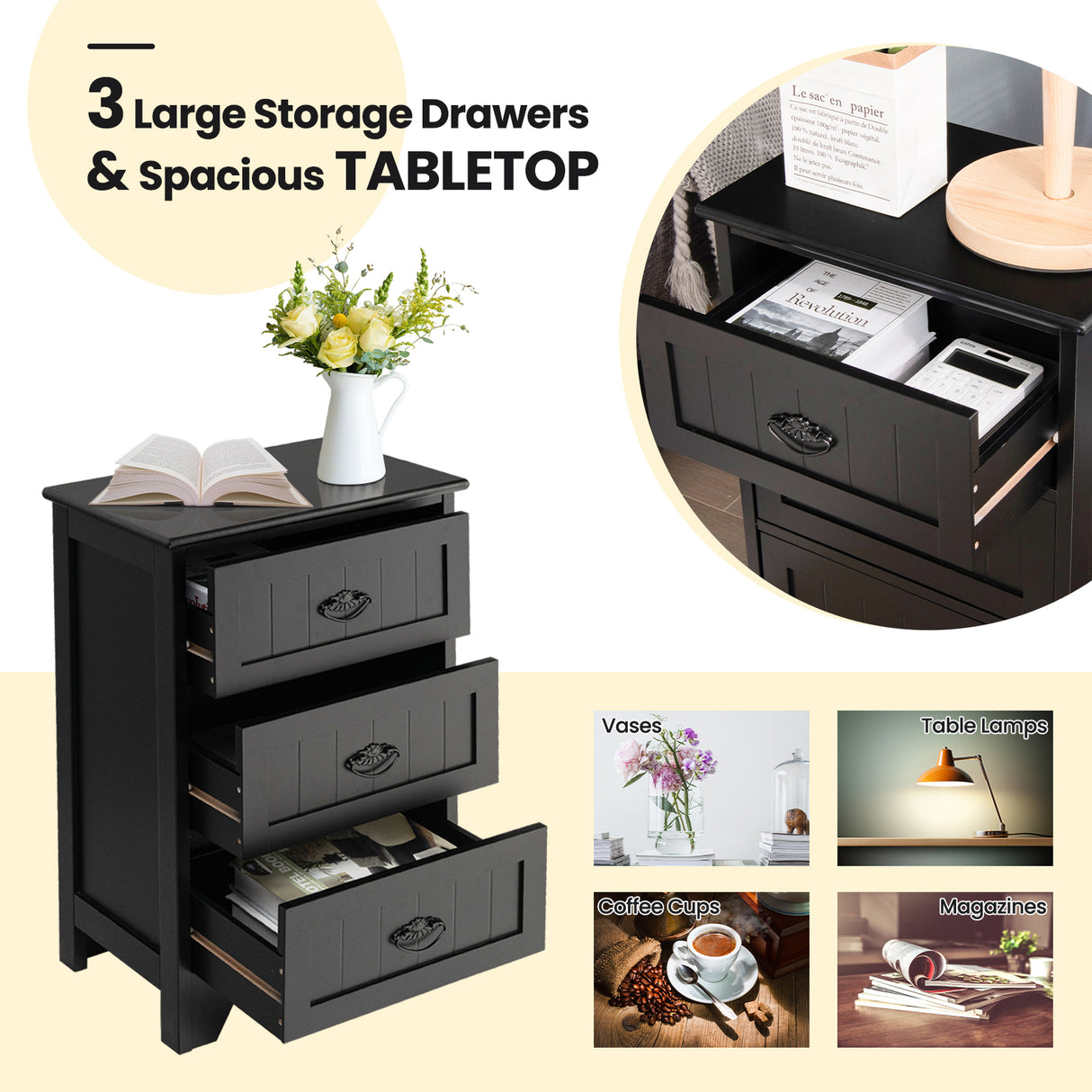 3 Drawers End Storage Wood Side Nightstand