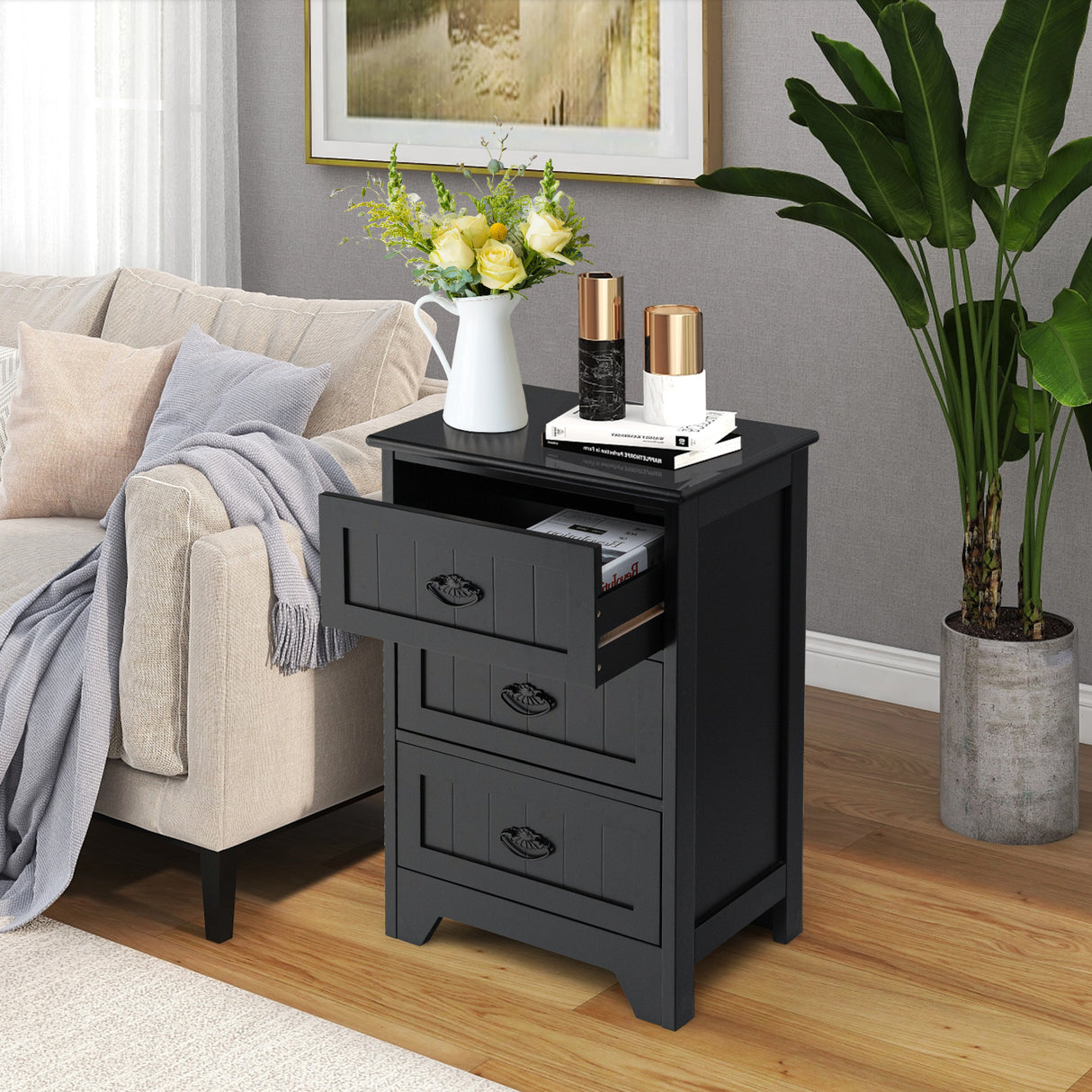 3 Drawers End Storage Wood Side Nightstand