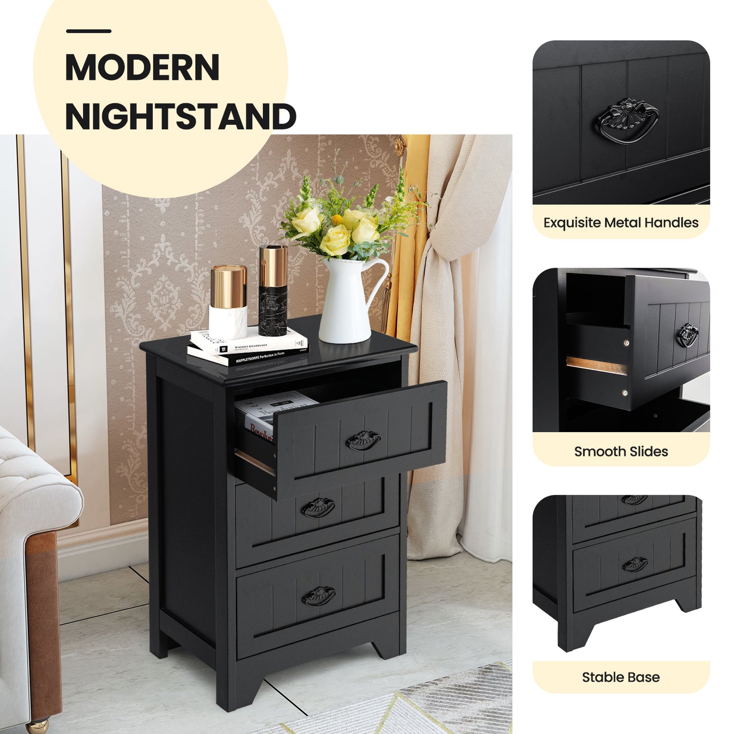 3 Drawers End Storage Wood Side Nightstand