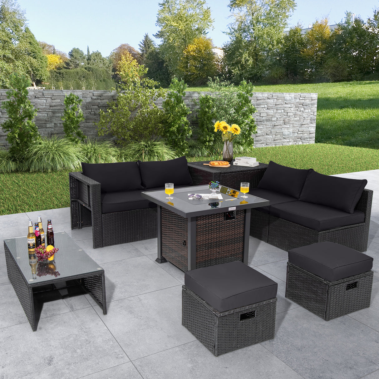9 Pieces Patio Furniture Set with 32â Fire Pit Table and 50000 BTU Square Propane Fire Pit
