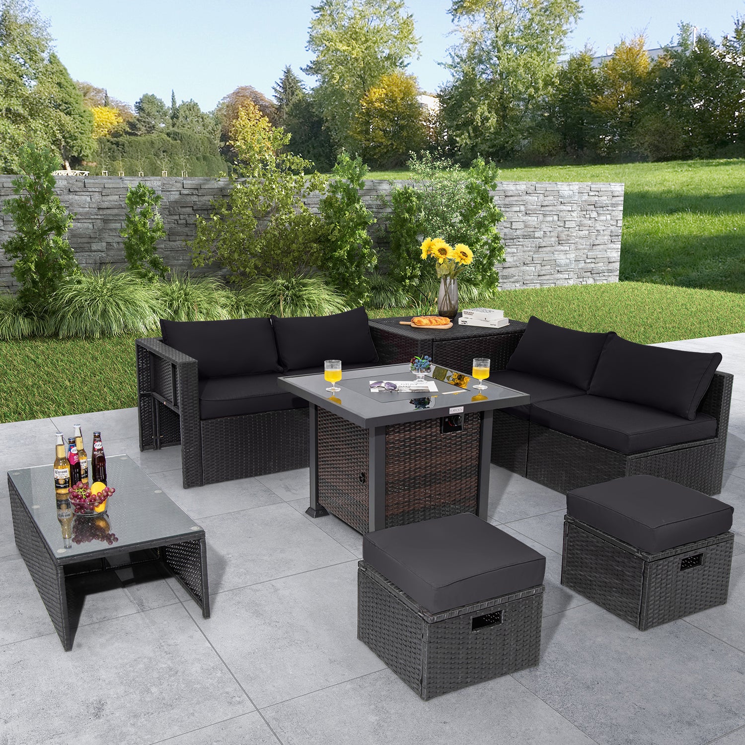 9 Pieces Patio Furniture Set with 32â Fire Pit Table and 50000 BTU Square Propane Fire Pit