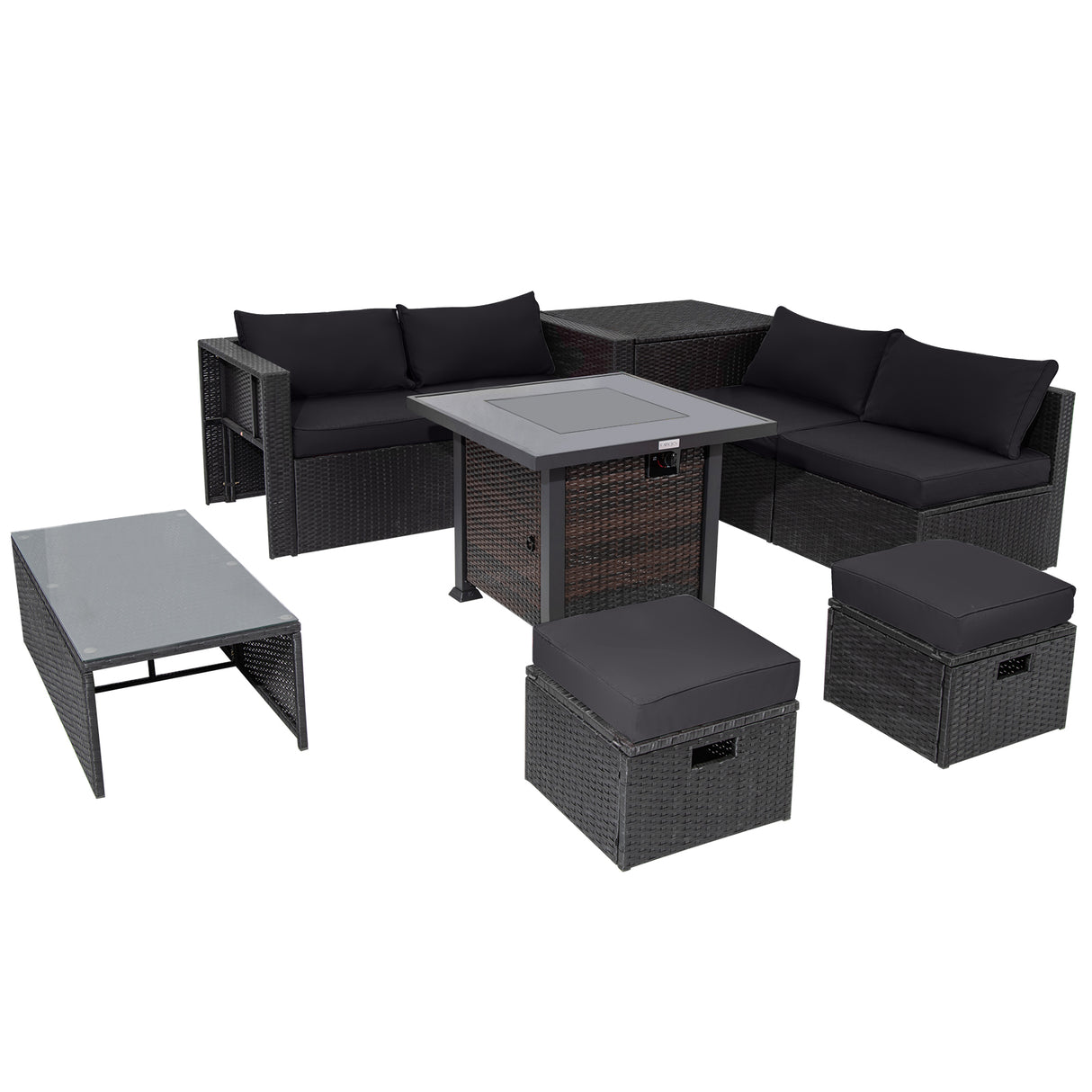 9 Pieces Patio Furniture Set with 32â Fire Pit Table and 50000 BTU Square Propane Fire Pit