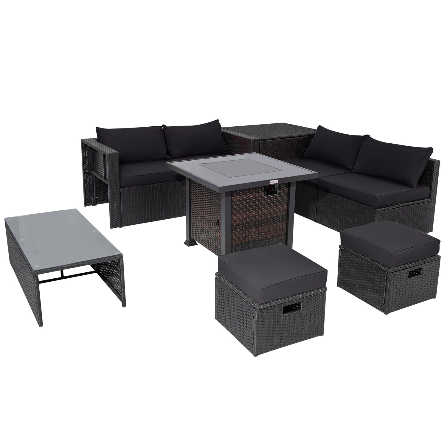 9 Pieces Patio Furniture Set with 32â Fire Pit Table and 50000 BTU Square Propane Fire Pit