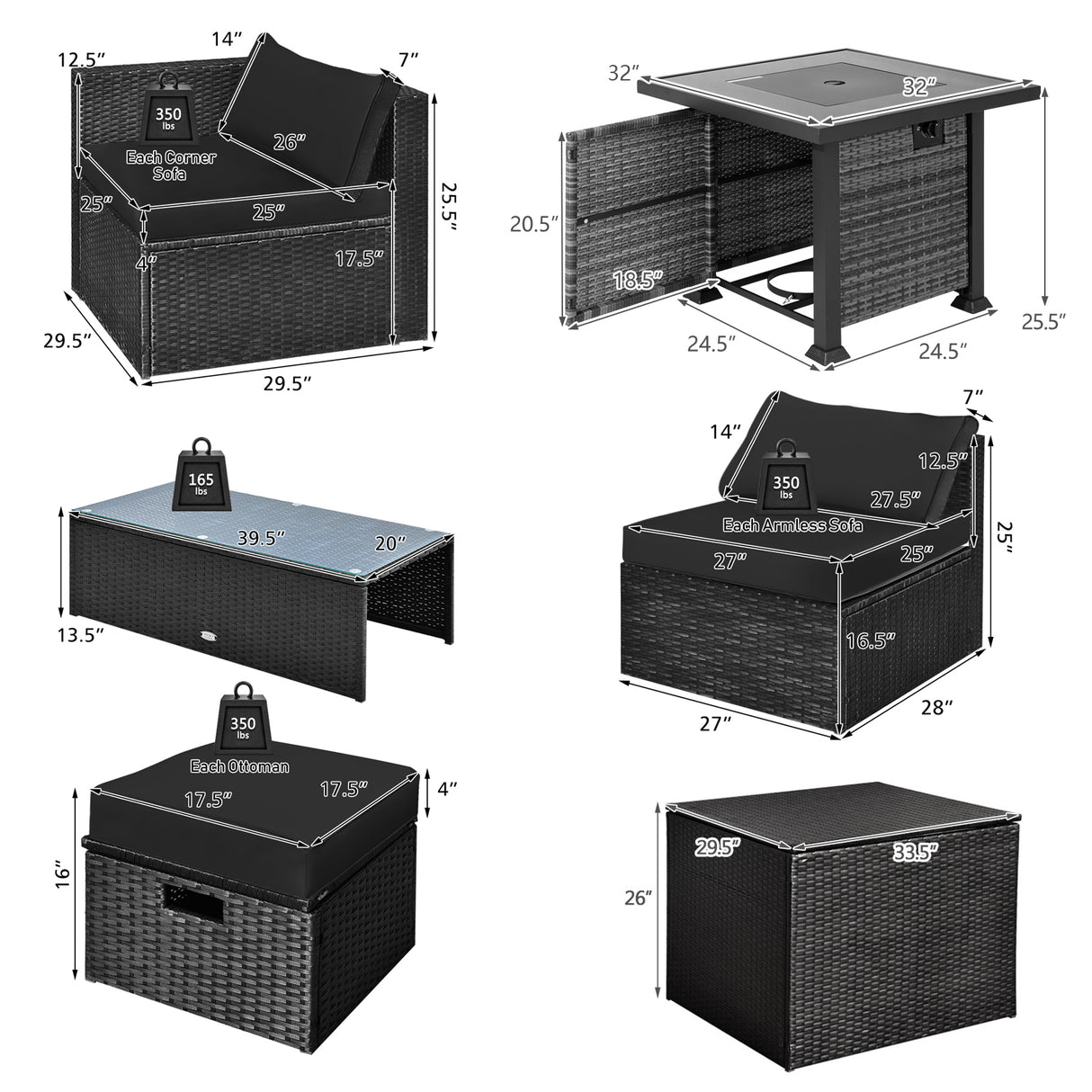 9 Pieces Patio Furniture Set with 32â Fire Pit Table and 50000 BTU Square Propane Fire Pit