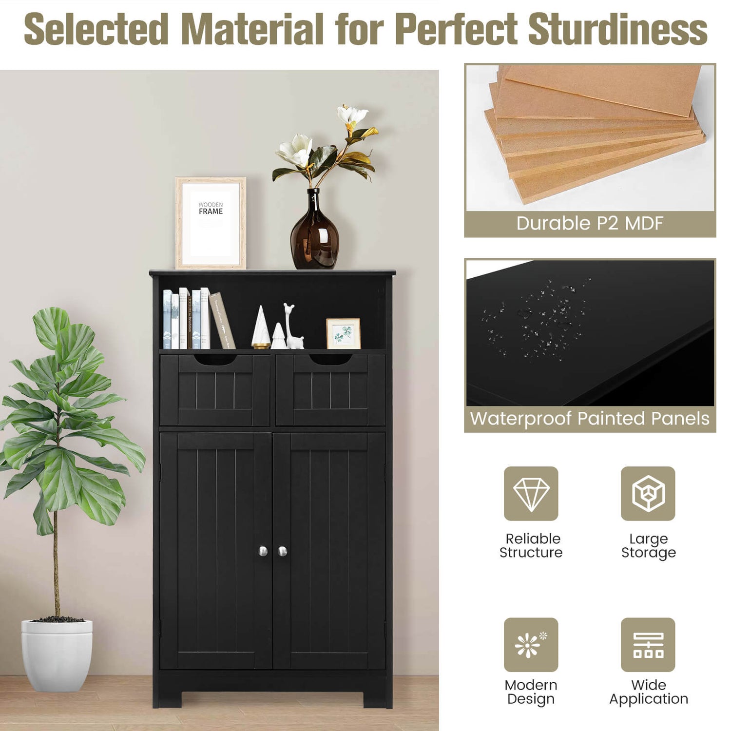 Bathroom Wooden Side Cabinet  with 2 Drawers and 2 Doors