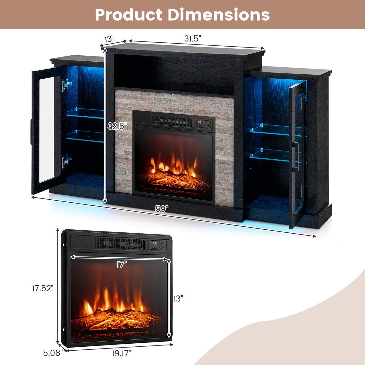 Fireplace TV Stand with 16-Color Led Lights for TVs up to 65 Inch