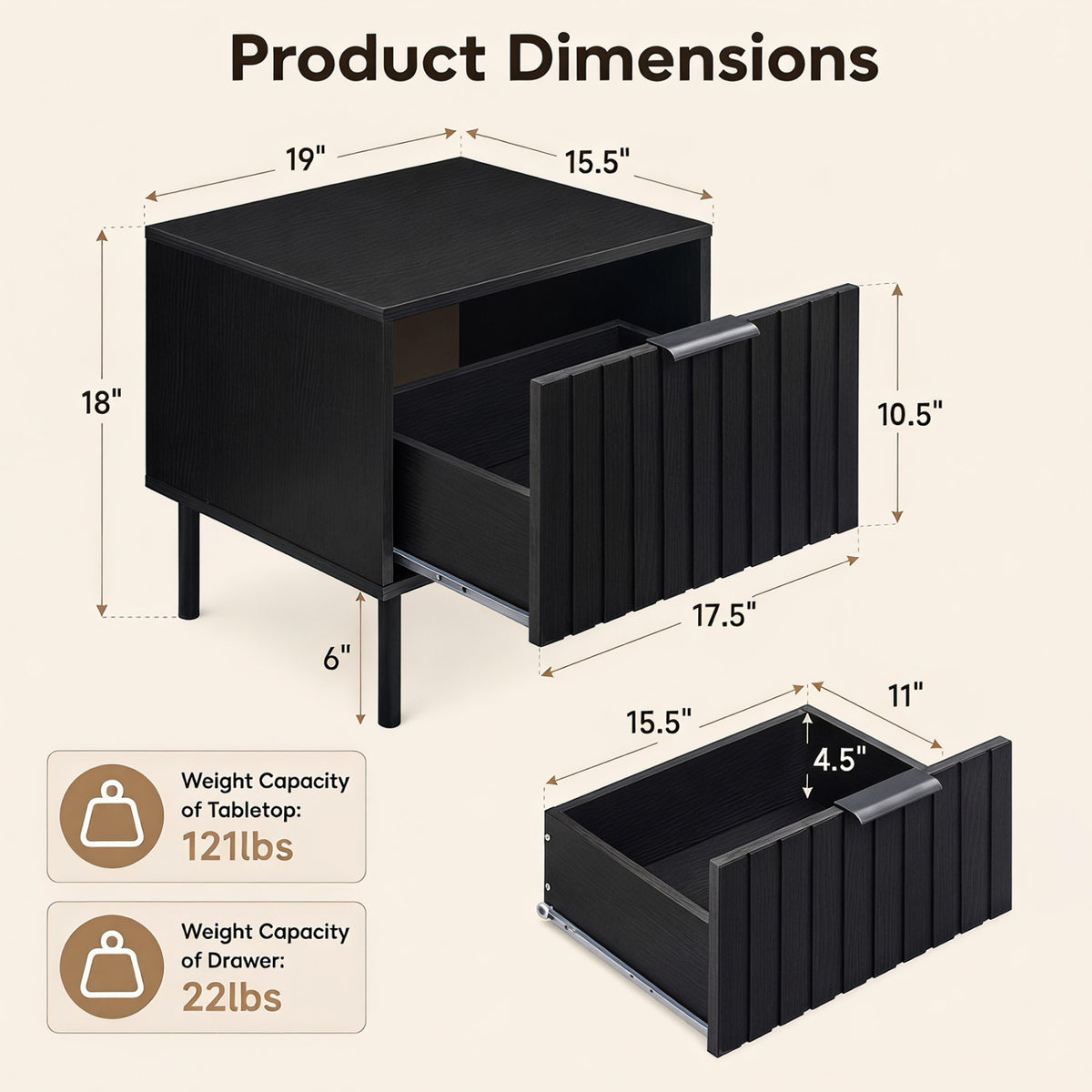 Black Modern Nightstand with Vertical-Striped Storage Drawer-Black