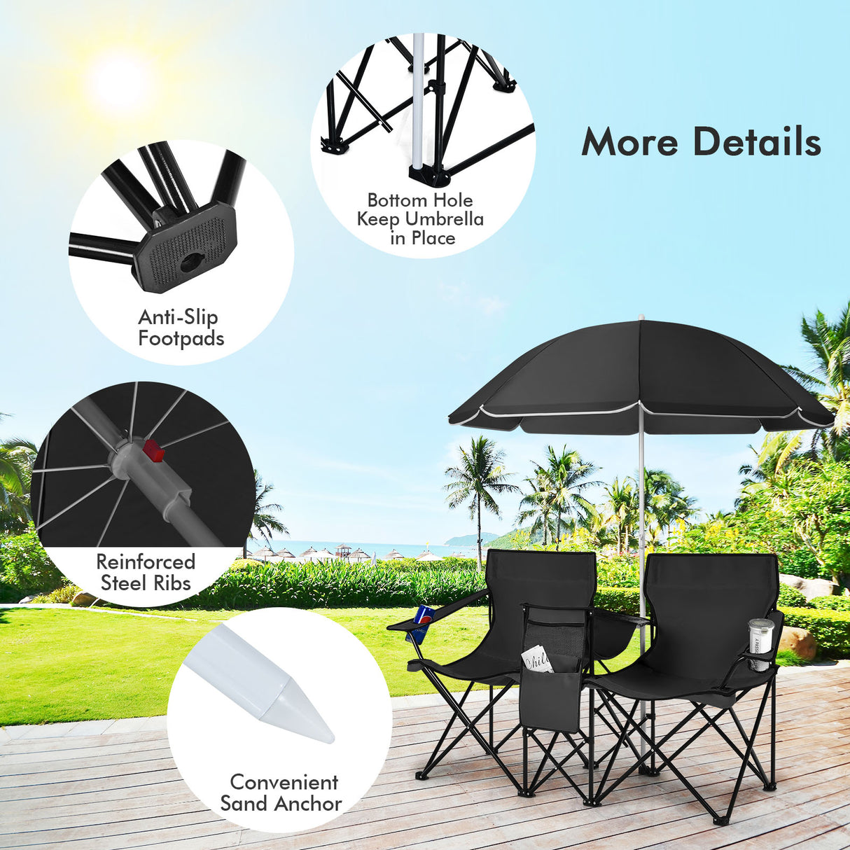 Portable Folding Picnic Double Chair with Umbrella