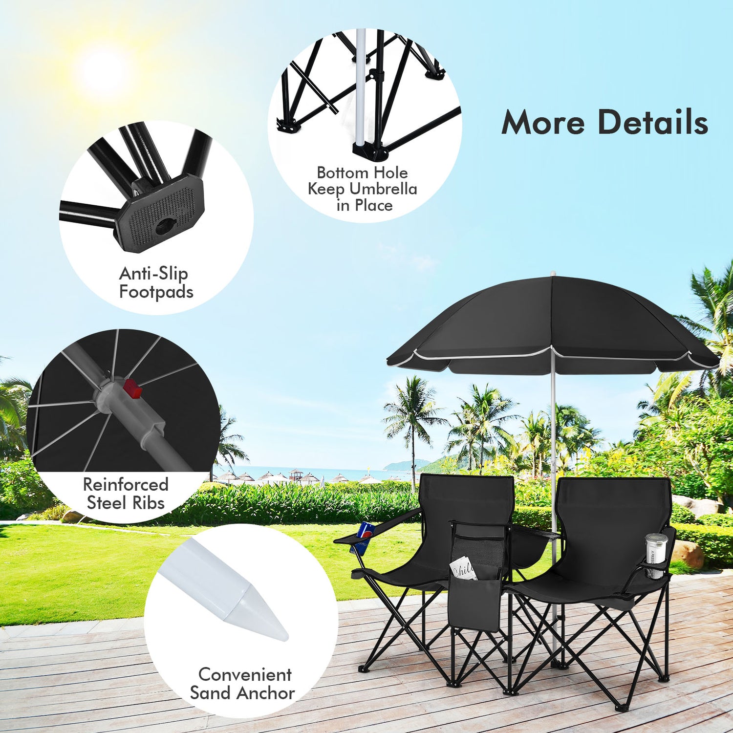 Portable Folding Picnic Double Chair with Umbrella