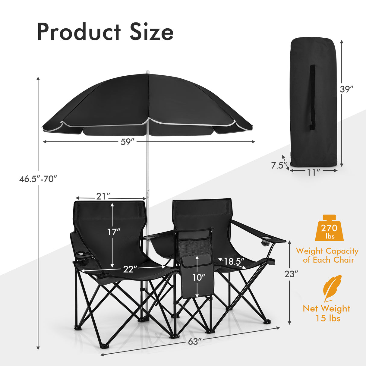 Portable Folding Picnic Double Chair with Umbrella