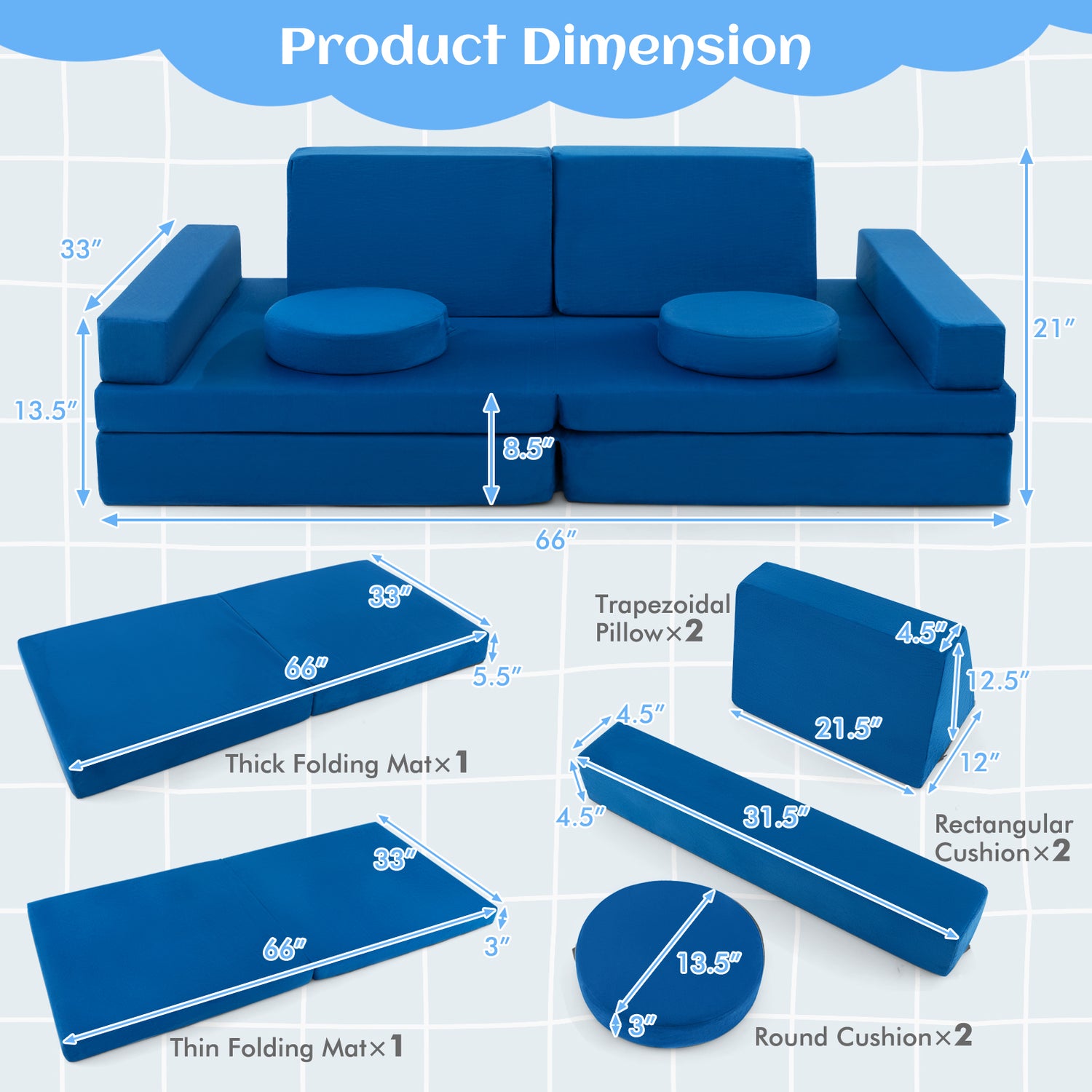 10-Piece Kids Play Couch Sofa with Portable Handle