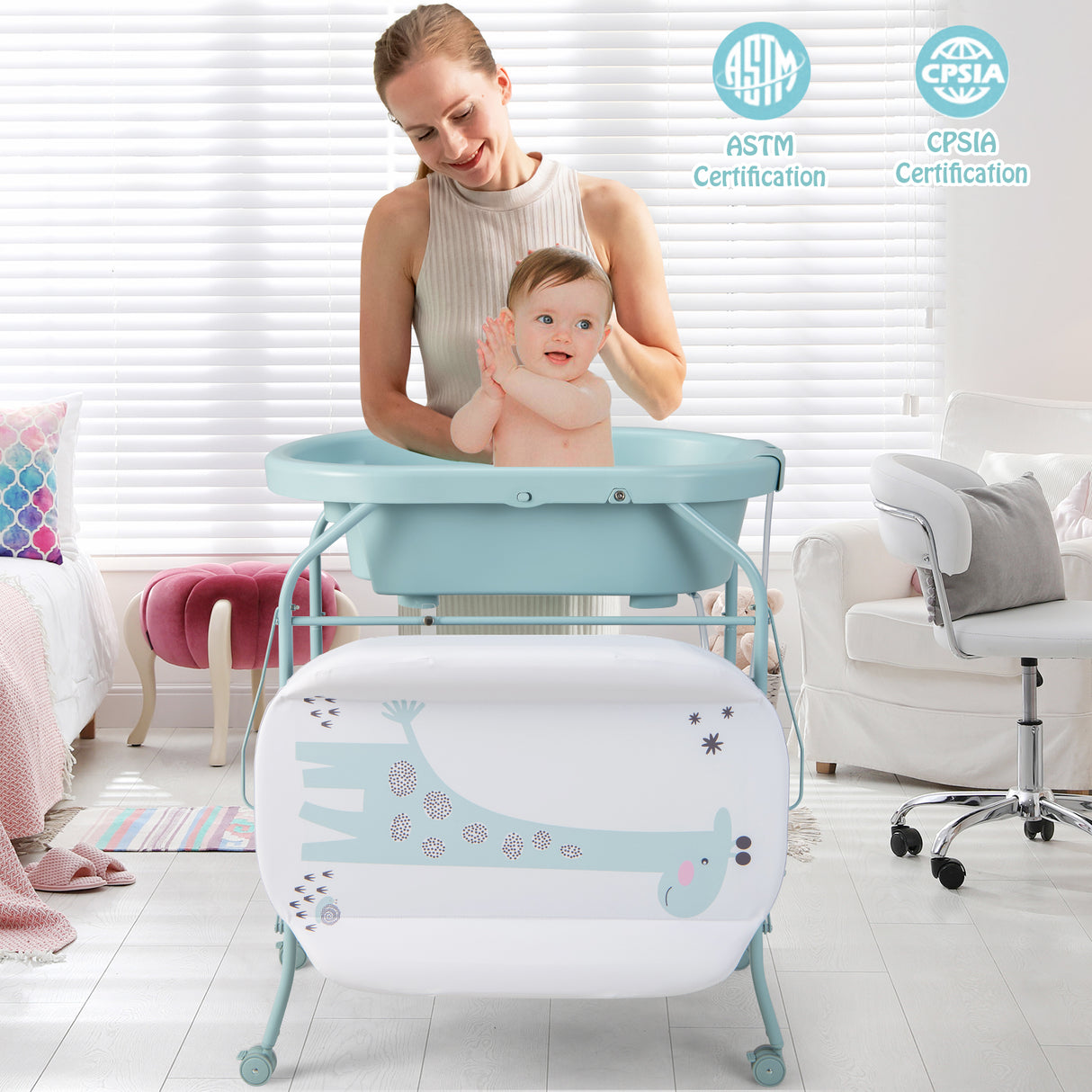 Portable Baby Changing Table with Storage Basket and Shelves