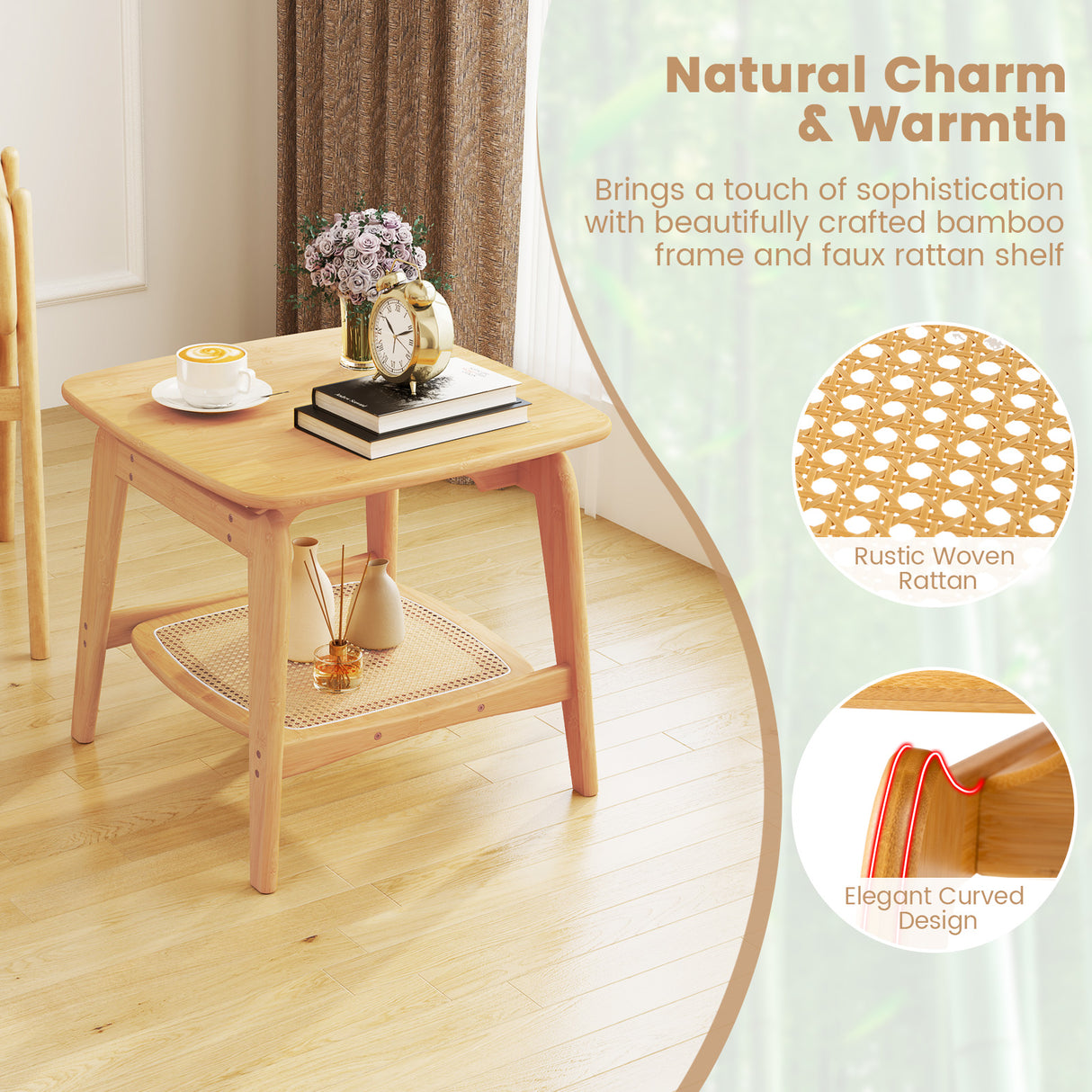 Boho Bamboo Sofa Side Table with Faux Rattan Storage Shelf-Natural