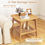 Boho Bamboo Sofa Side Table with Faux Rattan Storage Shelf-Natural