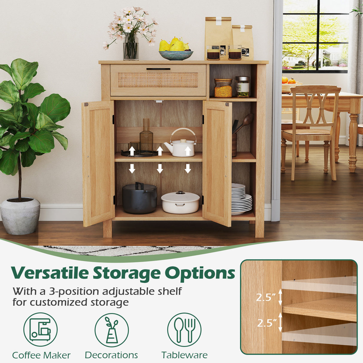 Boho Buffet Sideboard Storage Cabinet with Drawer and Rattan Woven Doors-Natural