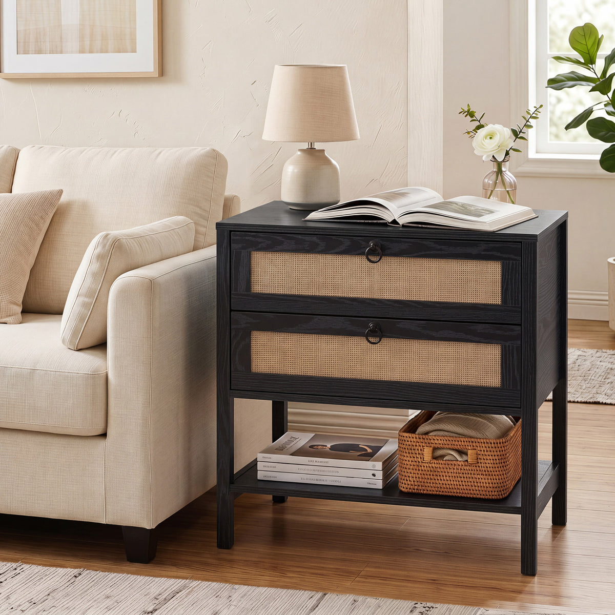 Boho Rattan Nightstand with 2 Drawers and Bottom Open Shelf