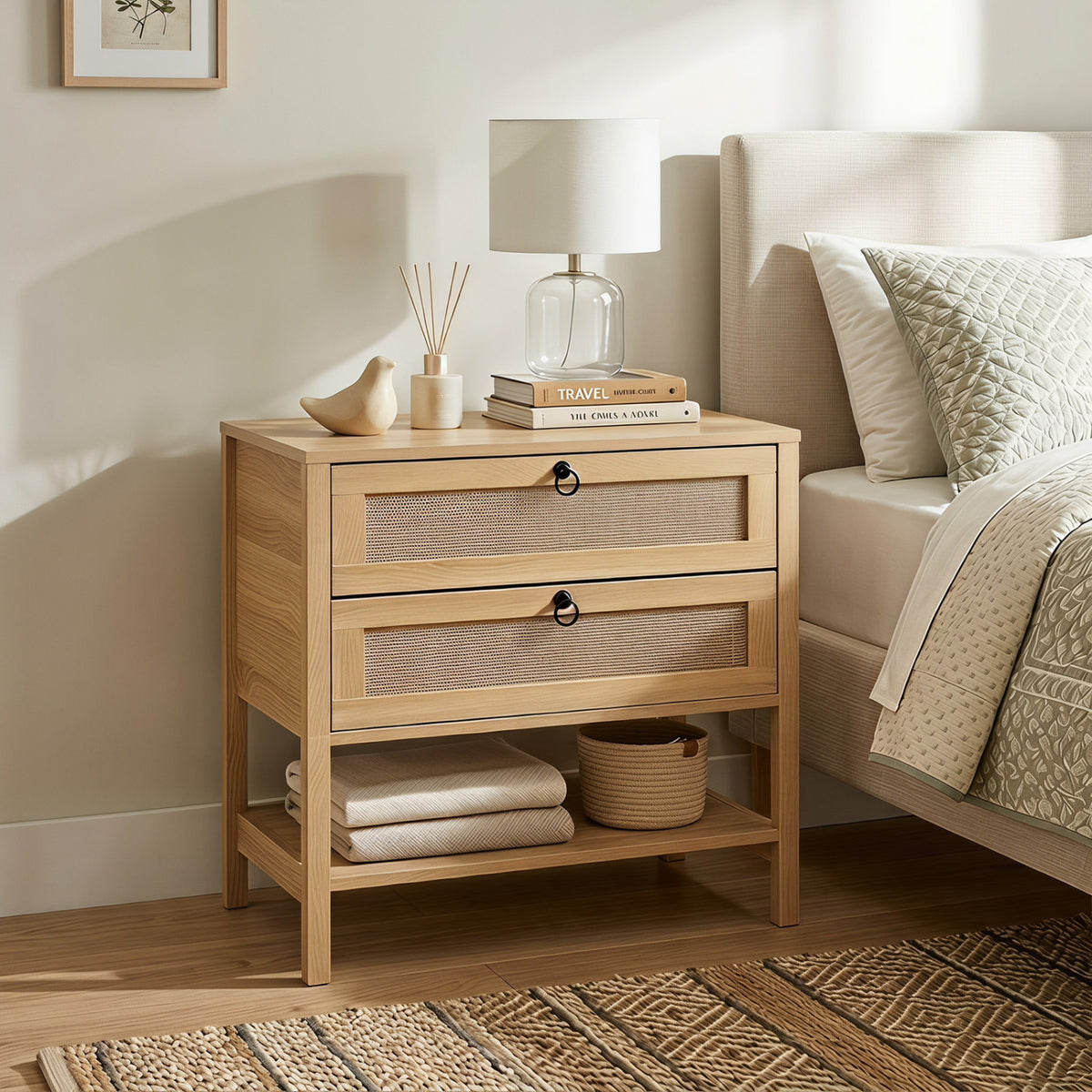 Boho Rattan Nightstand with 2 Drawers and Bottom Open Shelf