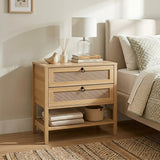 Boho Rattan Nightstand with 2 Drawers and Bottom Open Shelf
