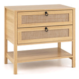 Boho Rattan Nightstand with 2 Drawers and Bottom Open Shelf