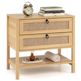 Boho Rattan Nightstand with 2 Drawers and Bottom Open Shelf