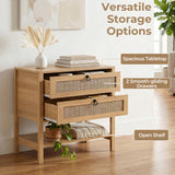 Boho Rattan Nightstand with 2 Drawers and Bottom Open Shelf