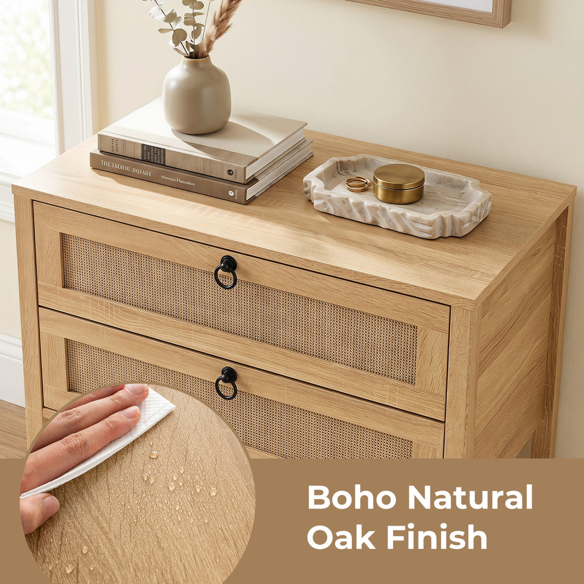Boho Rattan Nightstand with 2 Drawers and Bottom Open Shelf