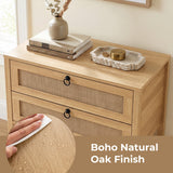 Boho Rattan Nightstand with 2 Drawers and Bottom Open Shelf