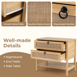 Boho Rattan Nightstand with 2 Drawers and Bottom Open Shelf