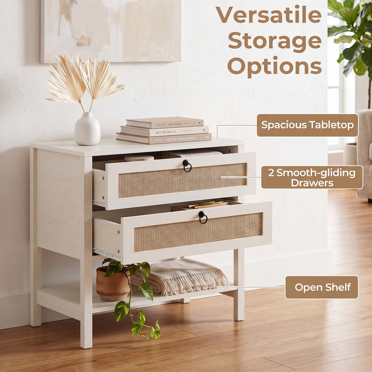 Boho Rattan Nightstand with 2 Drawers and Bottom Open Shelf