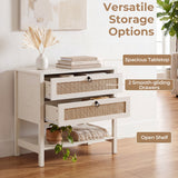 Boho Rattan Nightstand with 2 Drawers and Bottom Open Shelf