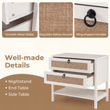 Boho Rattan Nightstand with 2 Drawers and Bottom Open Shelf