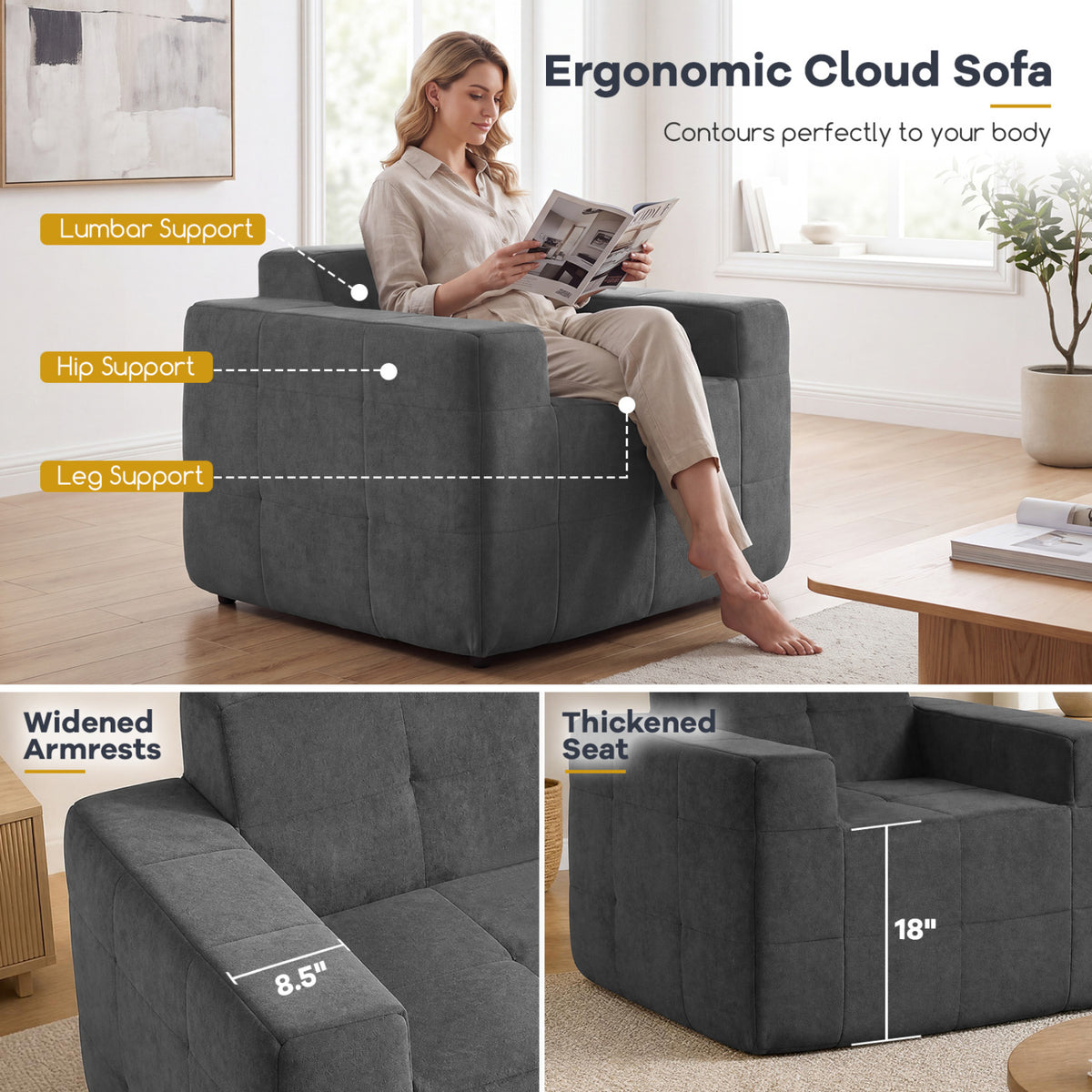 Boneless Single Sofa Chair Cloud Sofa with Terry Cloth Upholstery