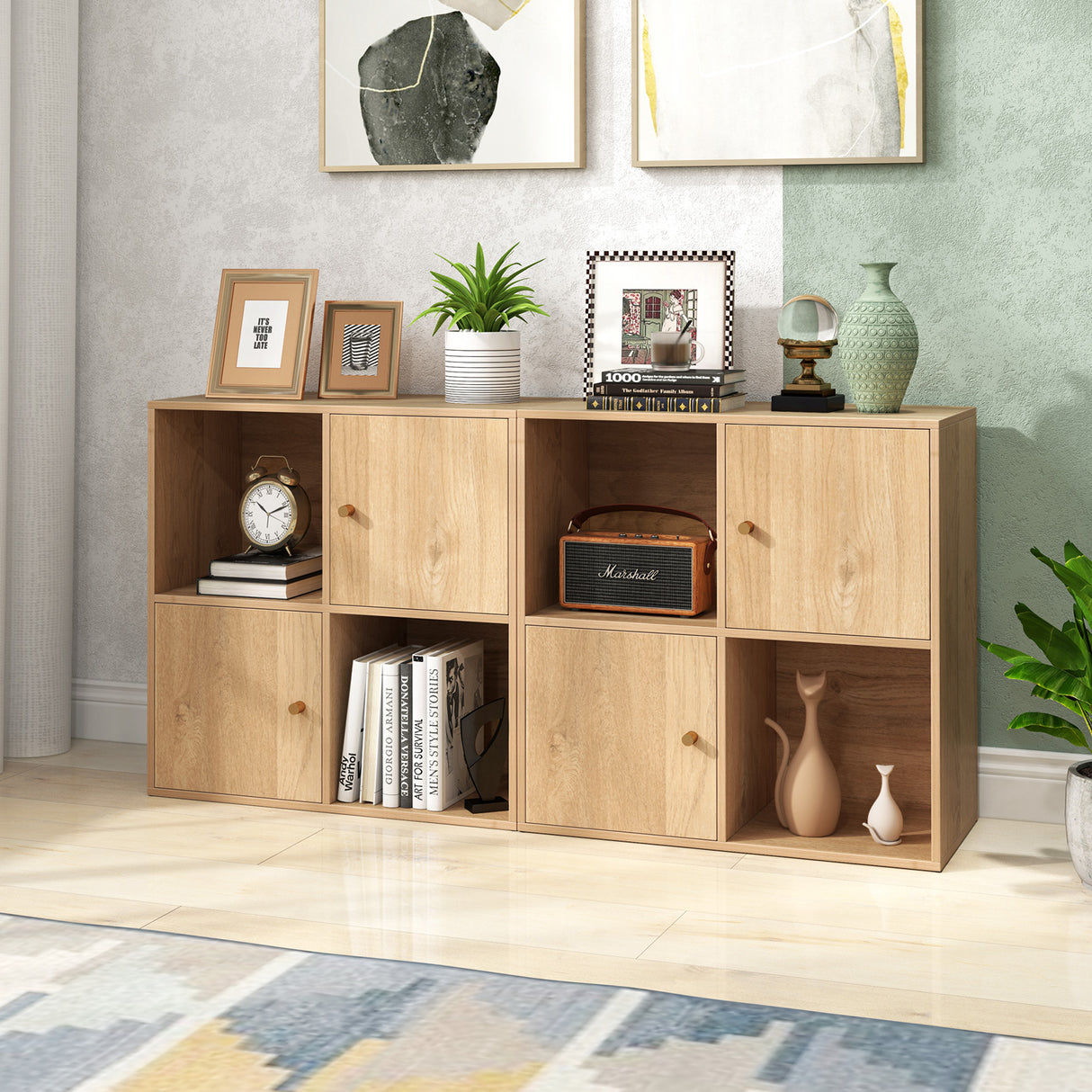4-Cube Bookcase 3-Tier Bookshelf with Dual Anti-Tipping Kits and 2 Cabinets