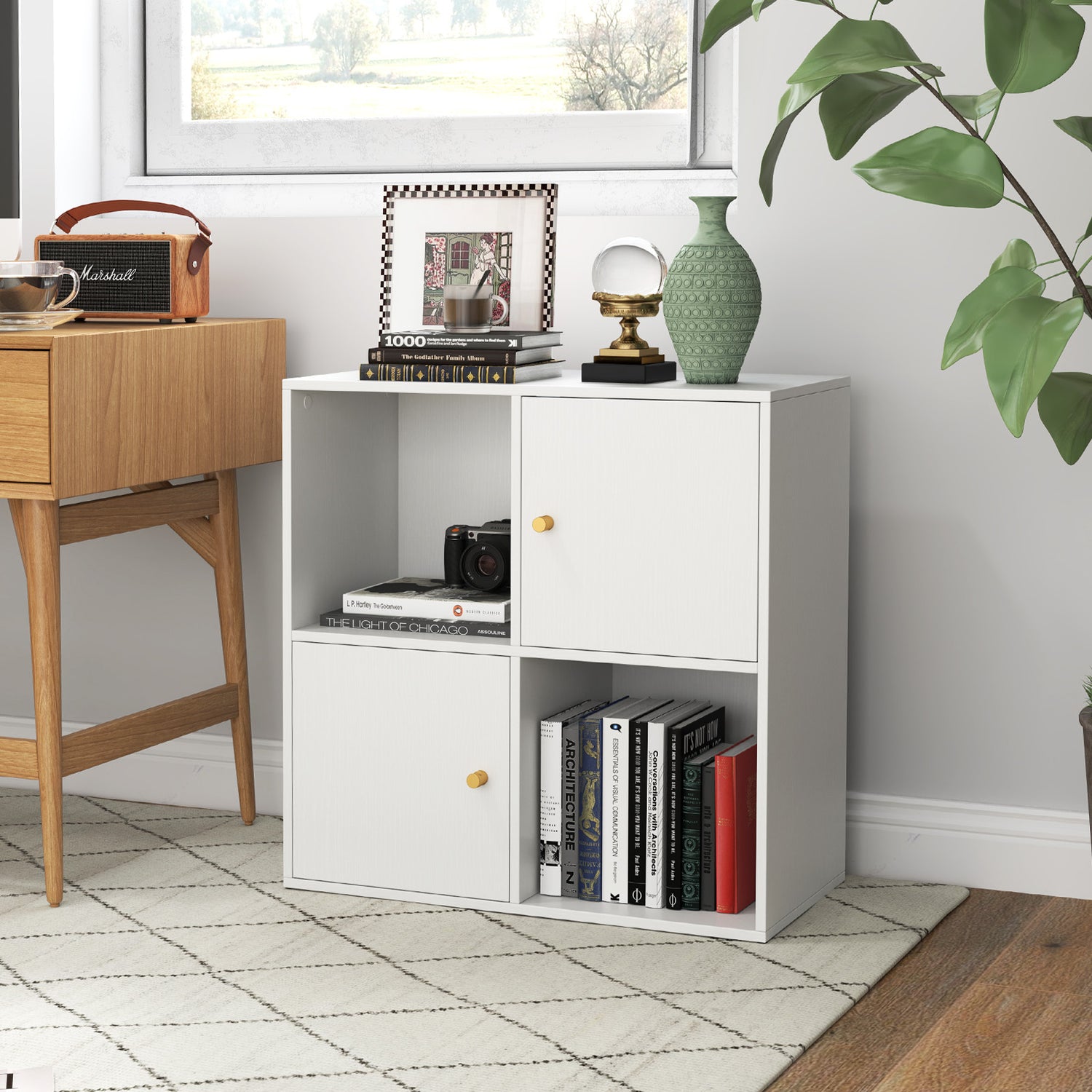 4-Cube Bookcase 3-Tier Bookshelf with Dual Anti-Tipping Kits and 2 Cabinets