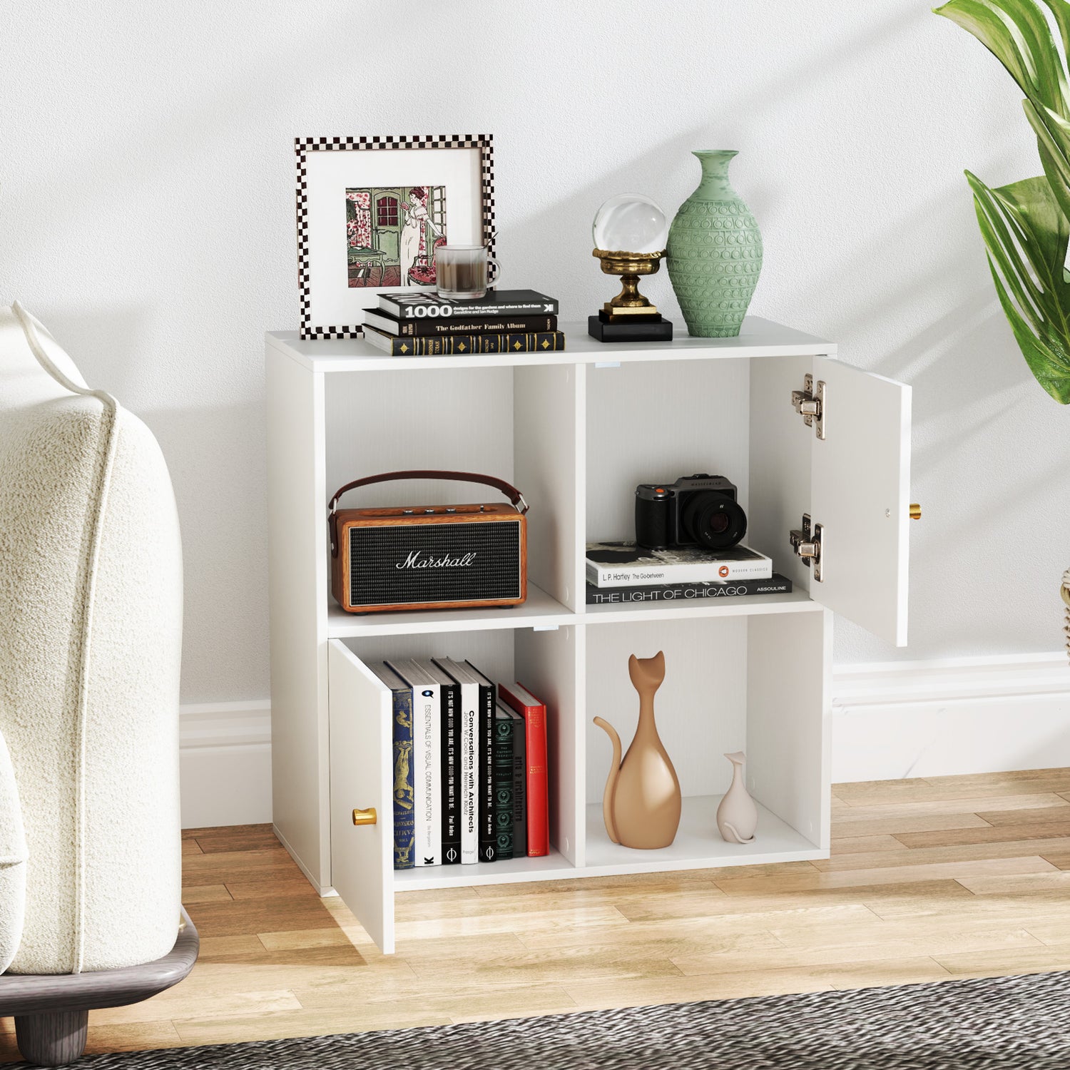 4-Cube Bookcase 3-Tier Bookshelf with Dual Anti-Tipping Kits and 2 Cabinets