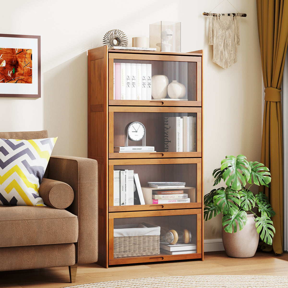 4-Tier Bamboo Bookcase with Doors for Study Room Living Room – Moogdesk