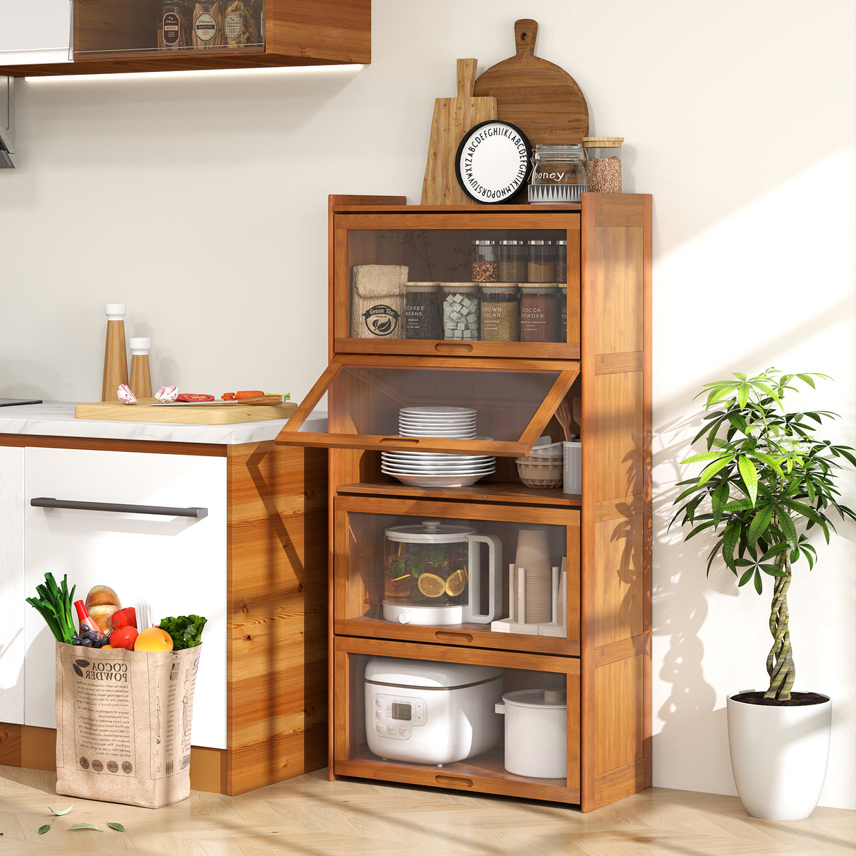 4-Tier Bamboo Bookcase with Doors for Study Room Living Room