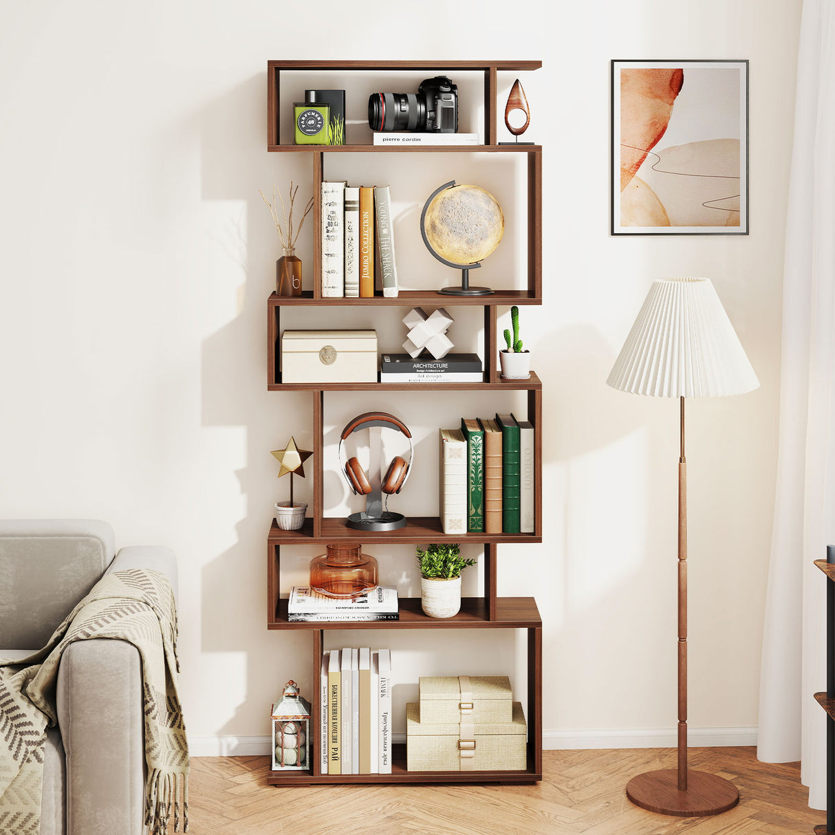 6-Tier Geometric Bookshelf with 2 Anti-Tipping Kits for Home Office
