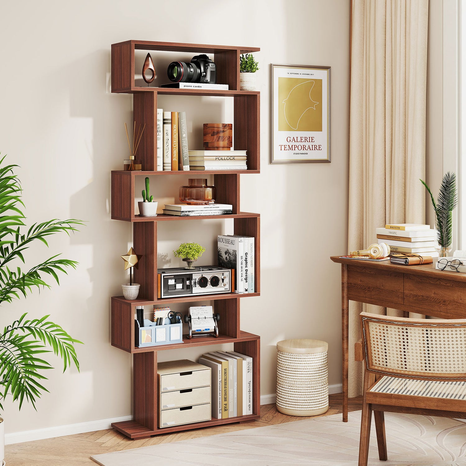 6-Tier Geometric Bookshelf with 2 Anti-Tipping Kits for Home Office
