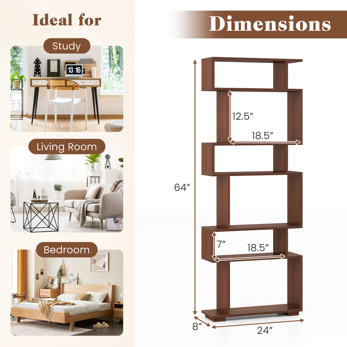 6-Tier Geometric Bookshelf with 2 Anti-Tipping Kits for Home Office