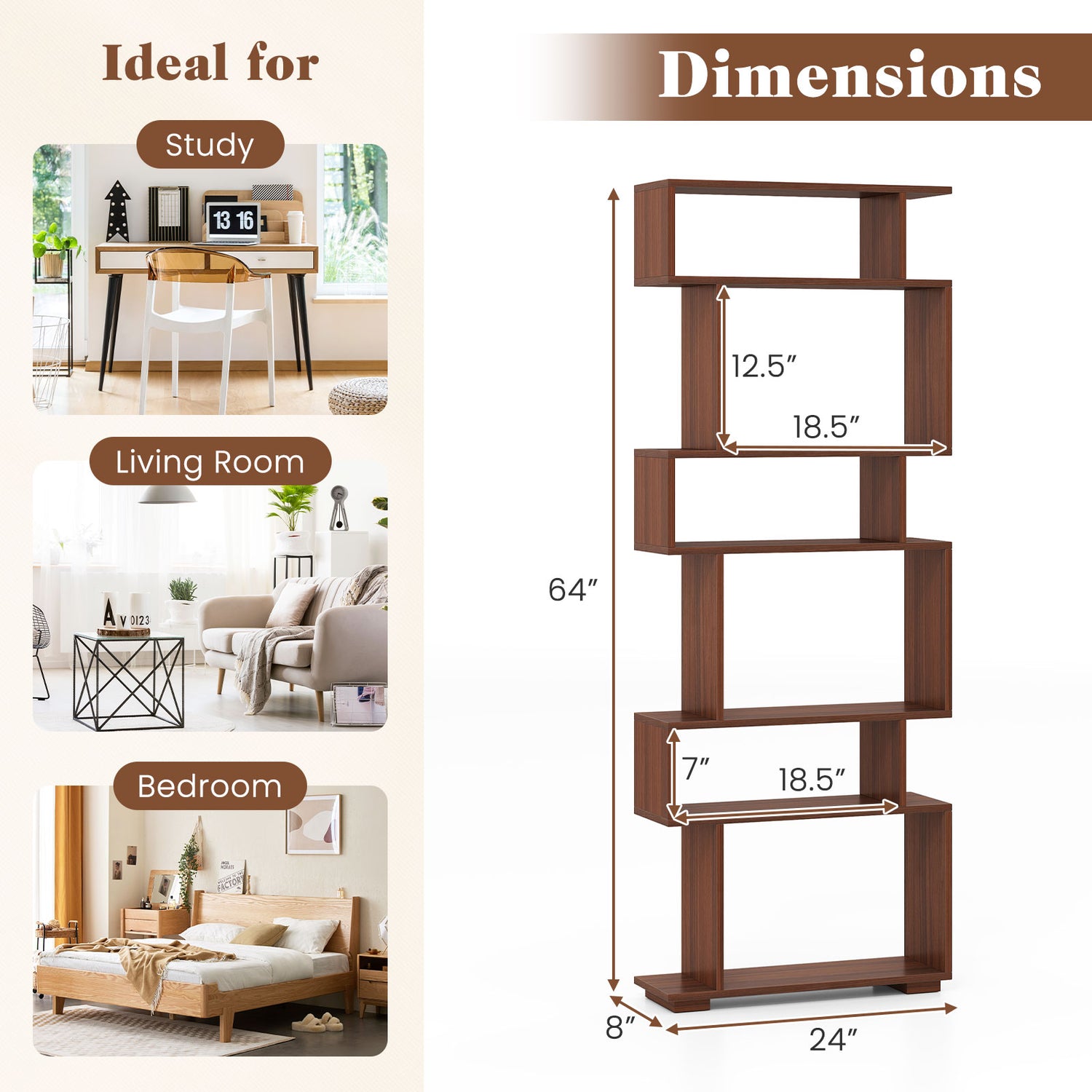 6-Tier Geometric Bookshelf with 2 Anti-Tipping Kits for Home Office