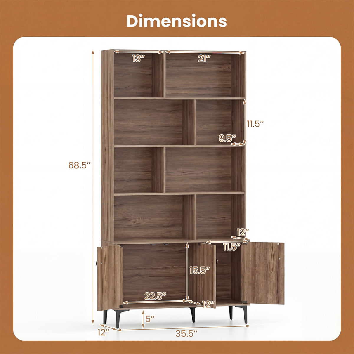Bookshelf with 3 Doors and 2 Anti-Tipping Kits for Home Office