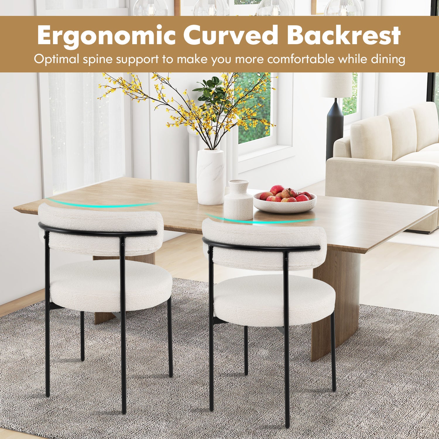 Boucle Dining Chair with Curved Backrest and Metal Legs Set of 4-White