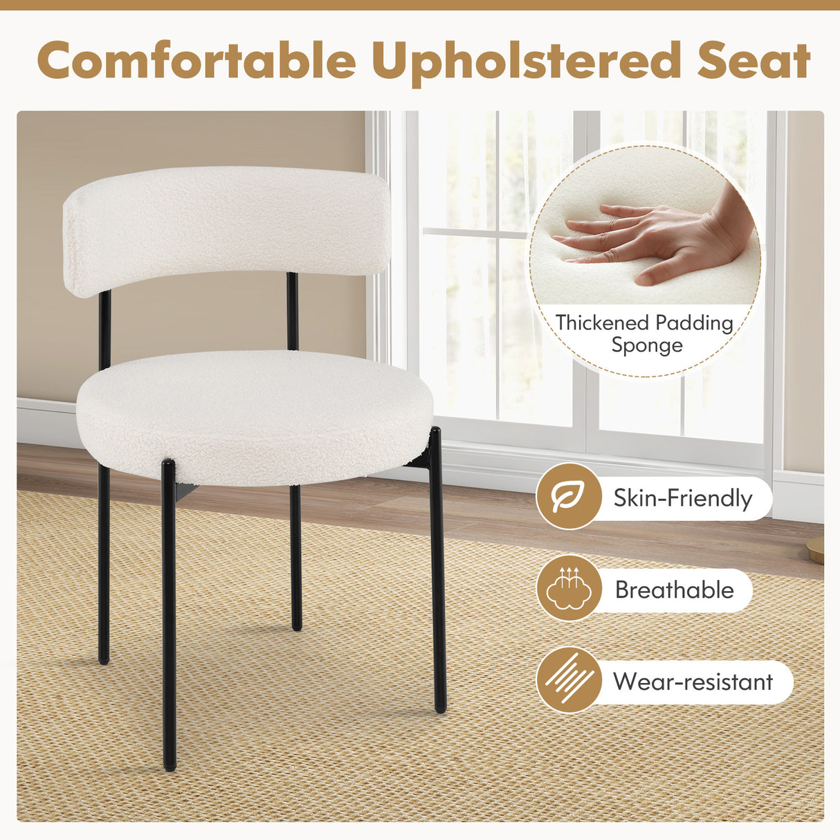Boucle Dining Chair with Curved Backrest and Metal Legs Set of 4-White