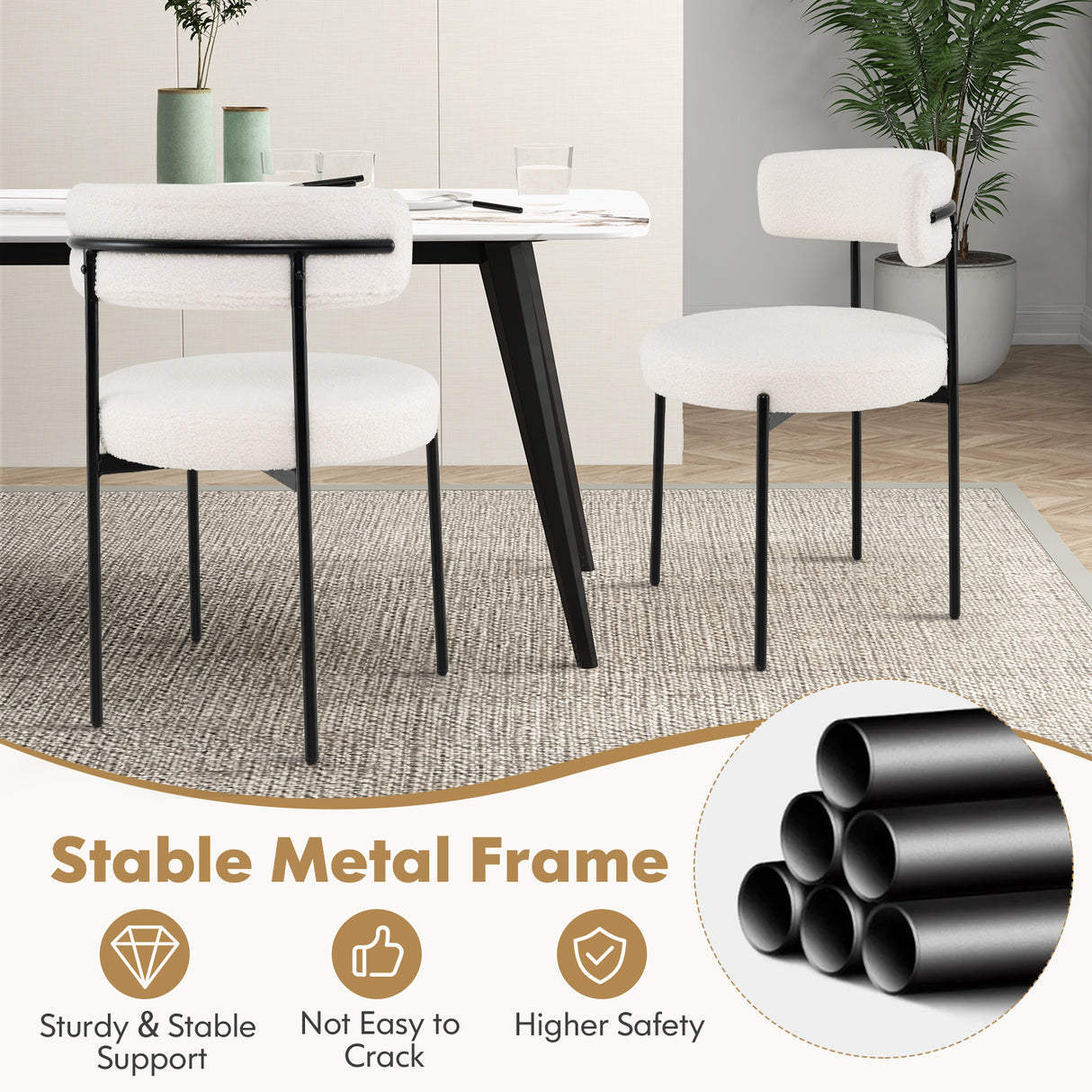 Boucle Dining Chair with Curved Backrest and Metal Legs Set of 4-White