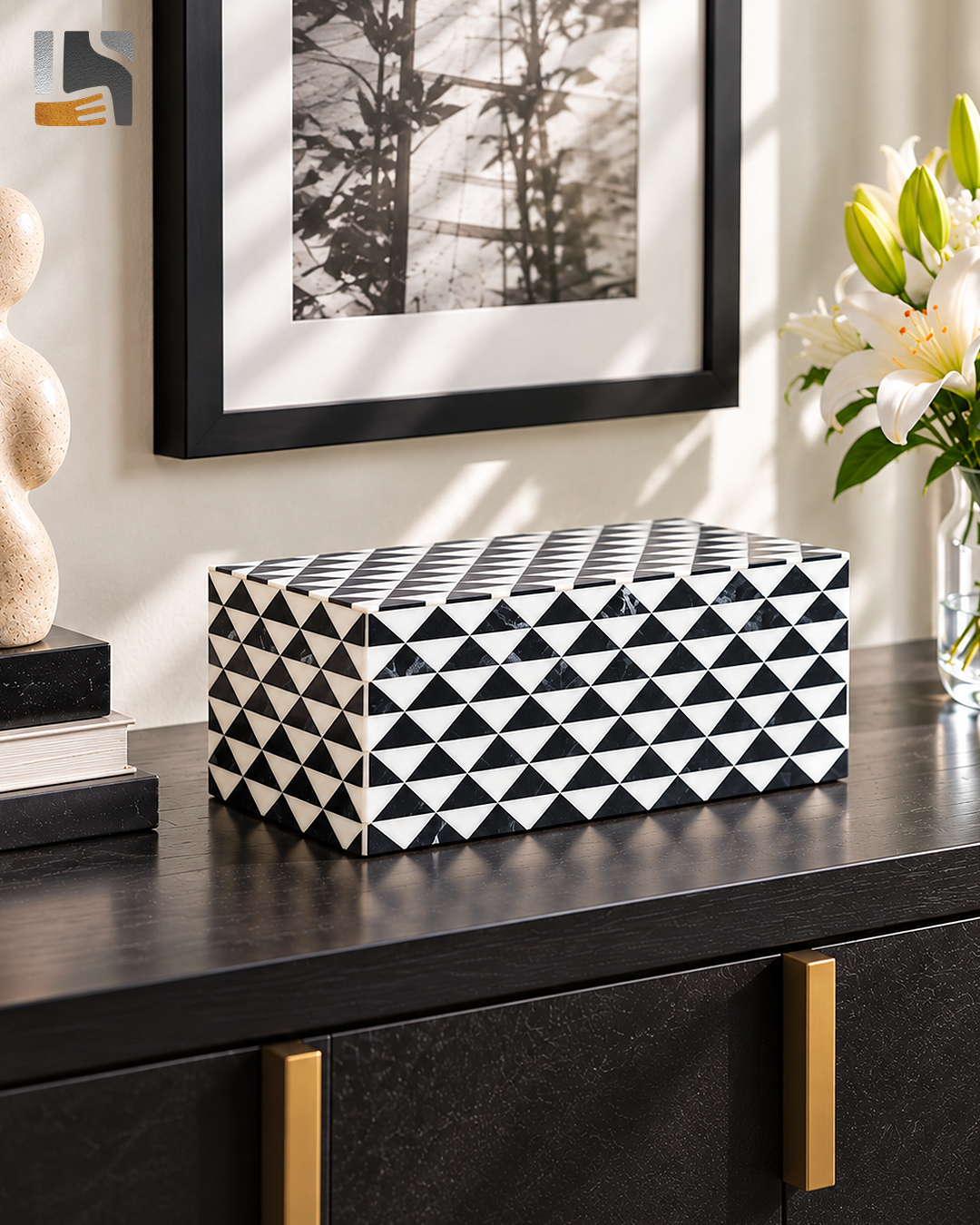 Marquet Prism Black White Resin Inlay Storage Box, 8 Sizes