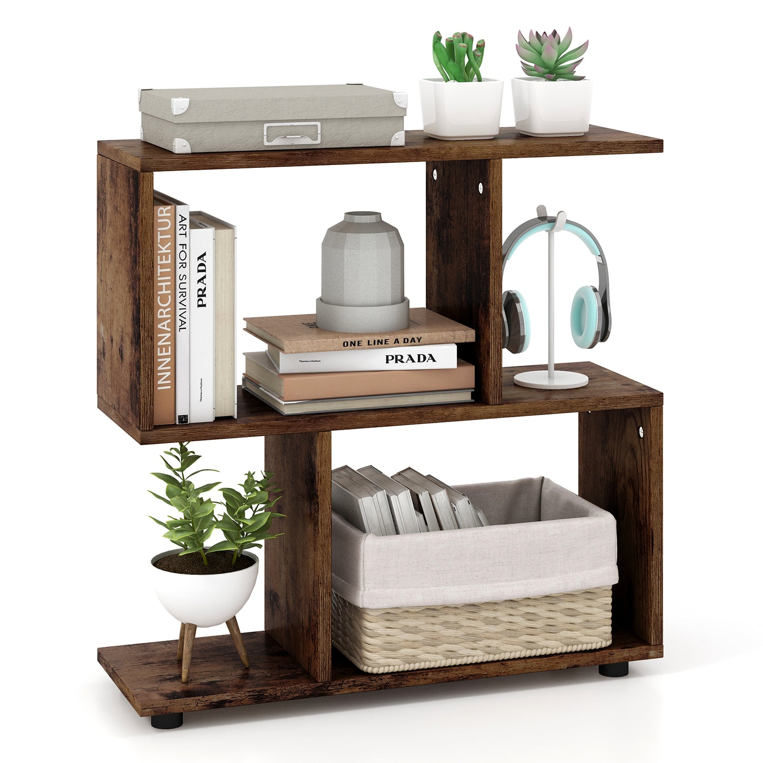 24 Inch 3-Tier Geometric Bookshelf with Thick Foot Pads