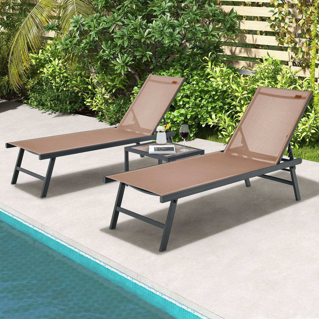 3 Pieces Patio Chaise Lounge Chair and Table Set for Poolside Yard