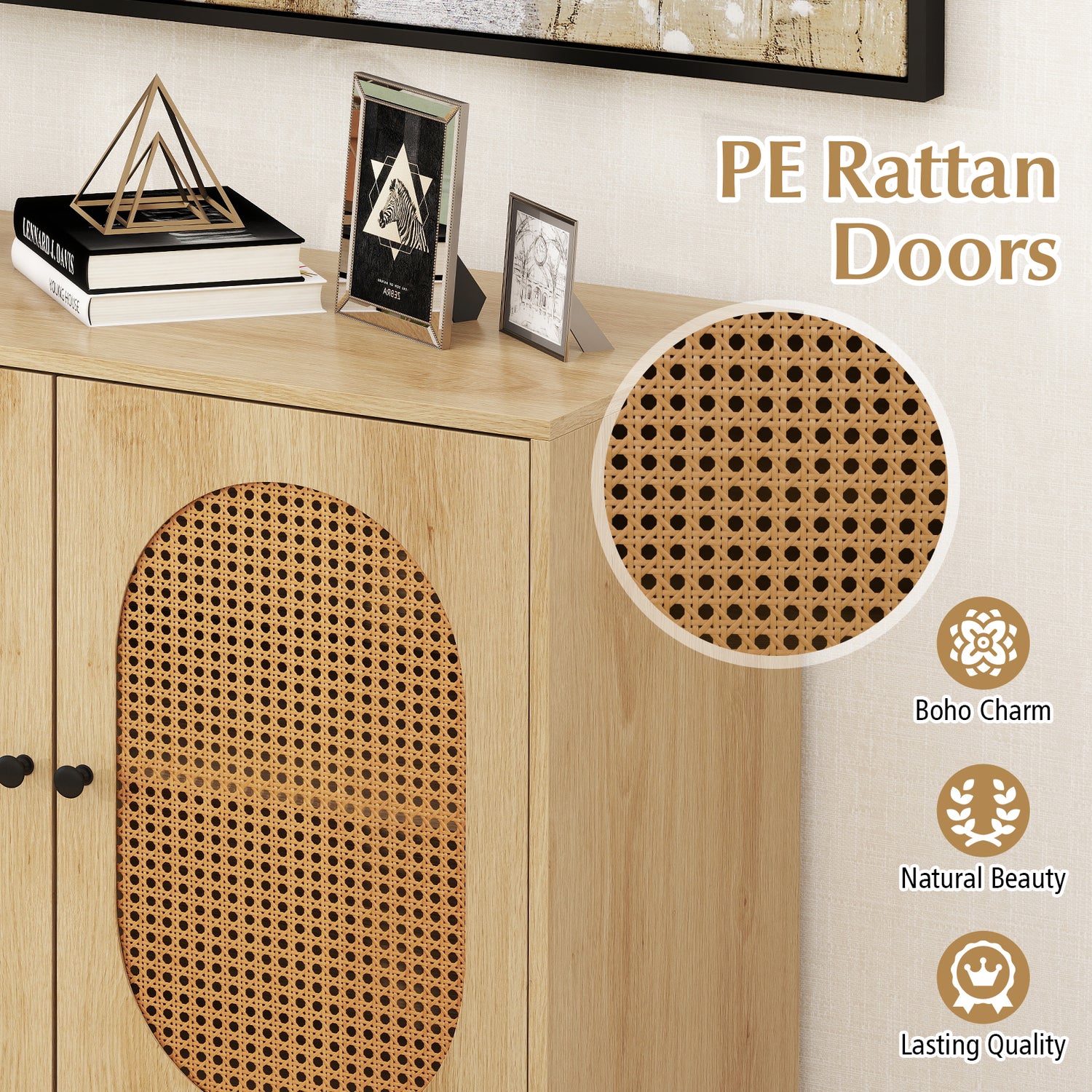Buffet Cabinet Rattan Storage Cabinet with 2 Doors and Adjustable Shelf